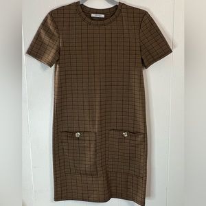 Zara Women's Short Sleeve Plaid Crew Neck Mini Dress